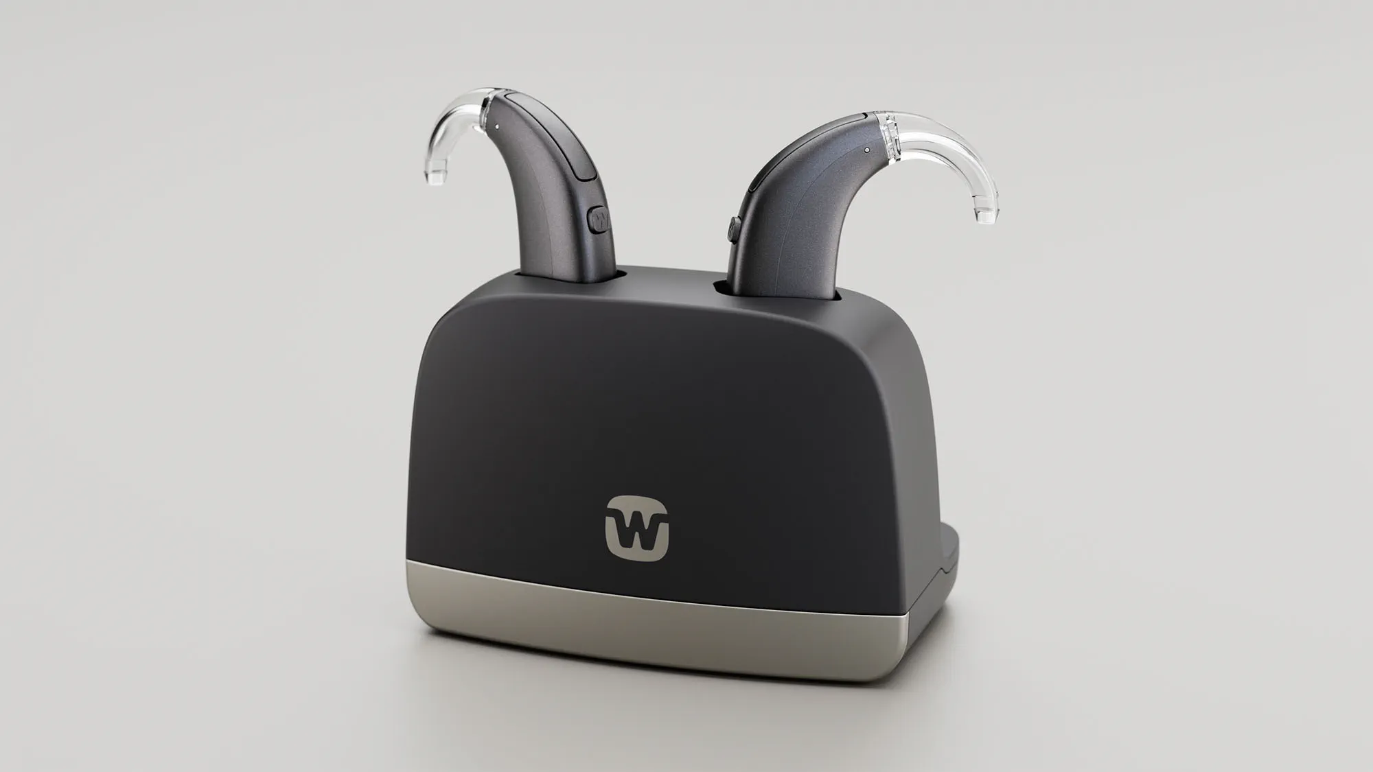 Widex Allure BTE R D behind the ear hearing aids in standard charger.