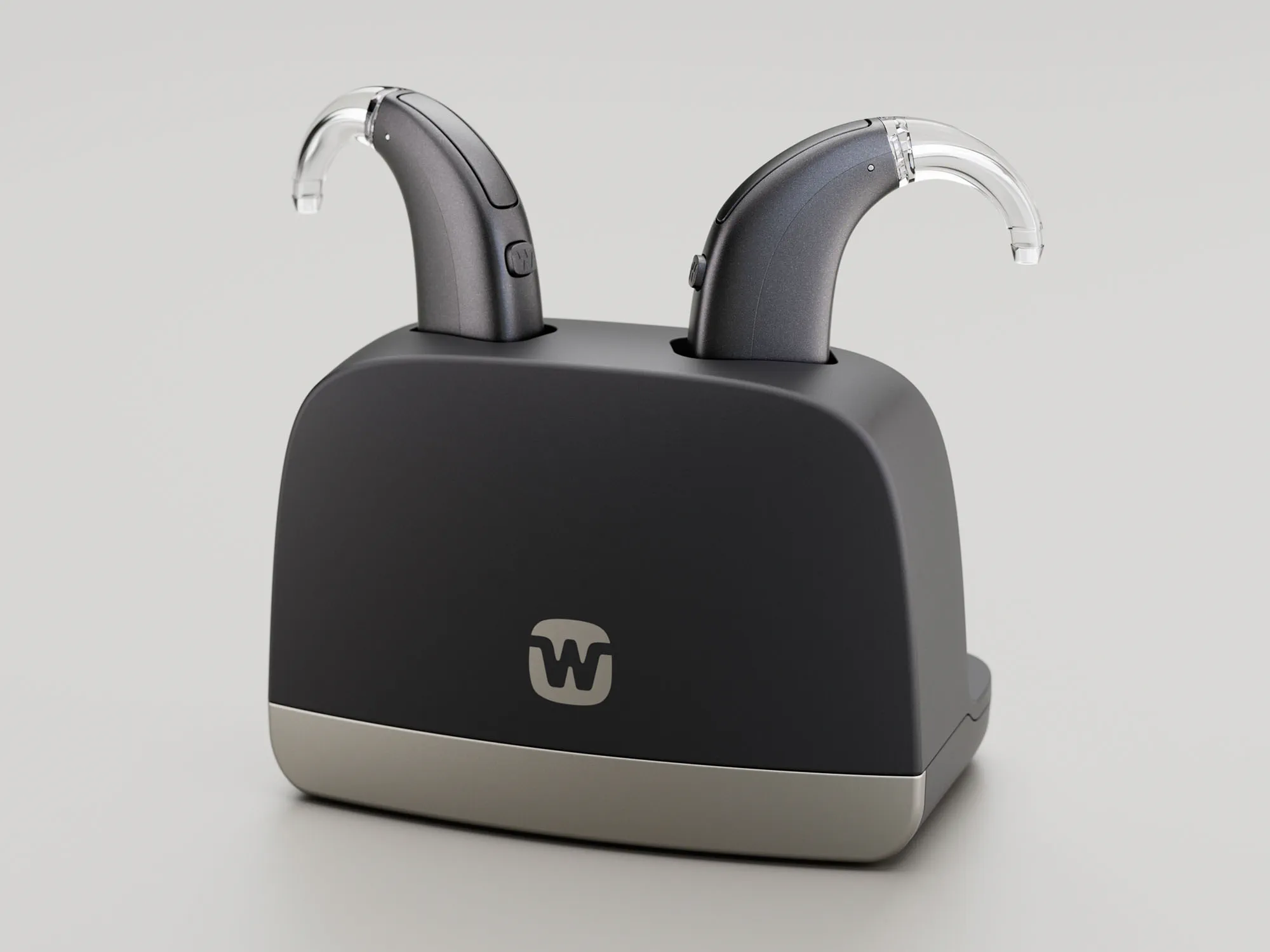 Widex Allure BTE R D behind the ear hearing aids in standard charger.