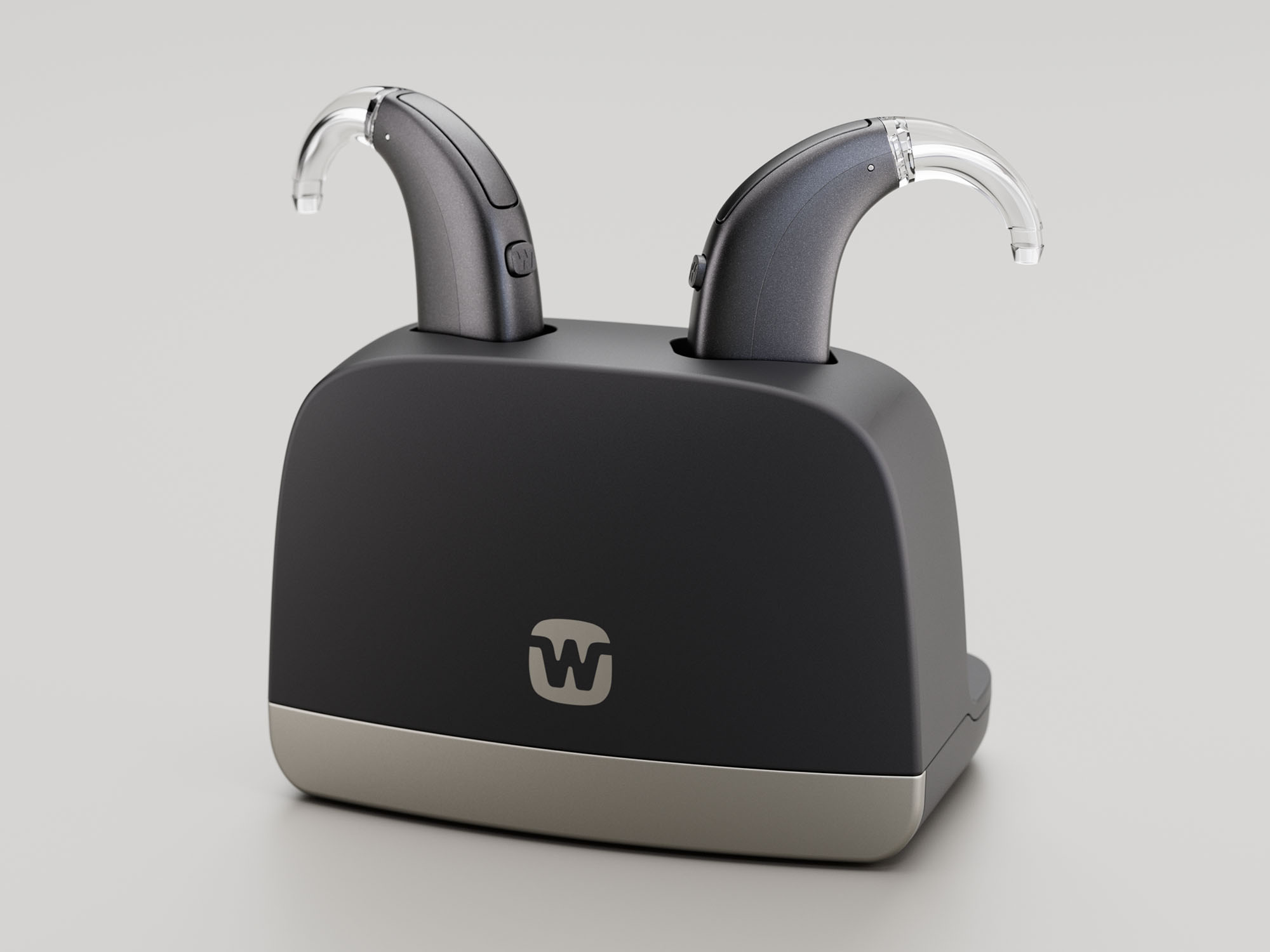 Widex Allure BTE R D behind the ear hearing aids in standard charger.