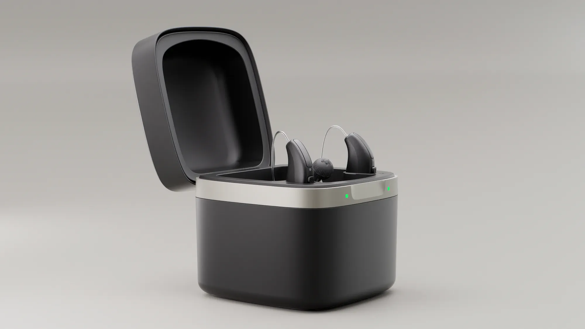 Widex Allure hearing aids charging in charging case.