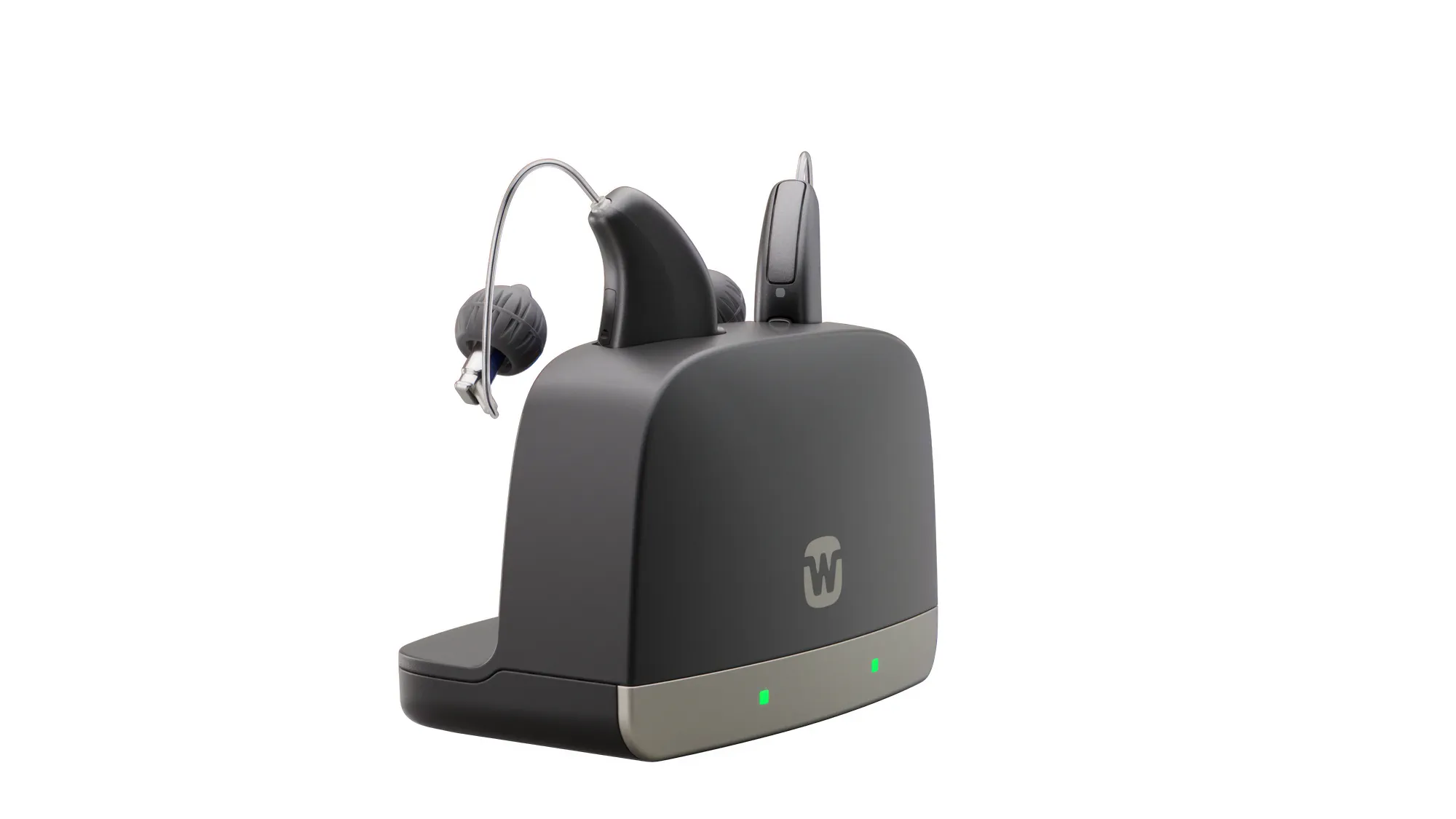 Widex Allure RIC RD hearing aids charging in standard charger.