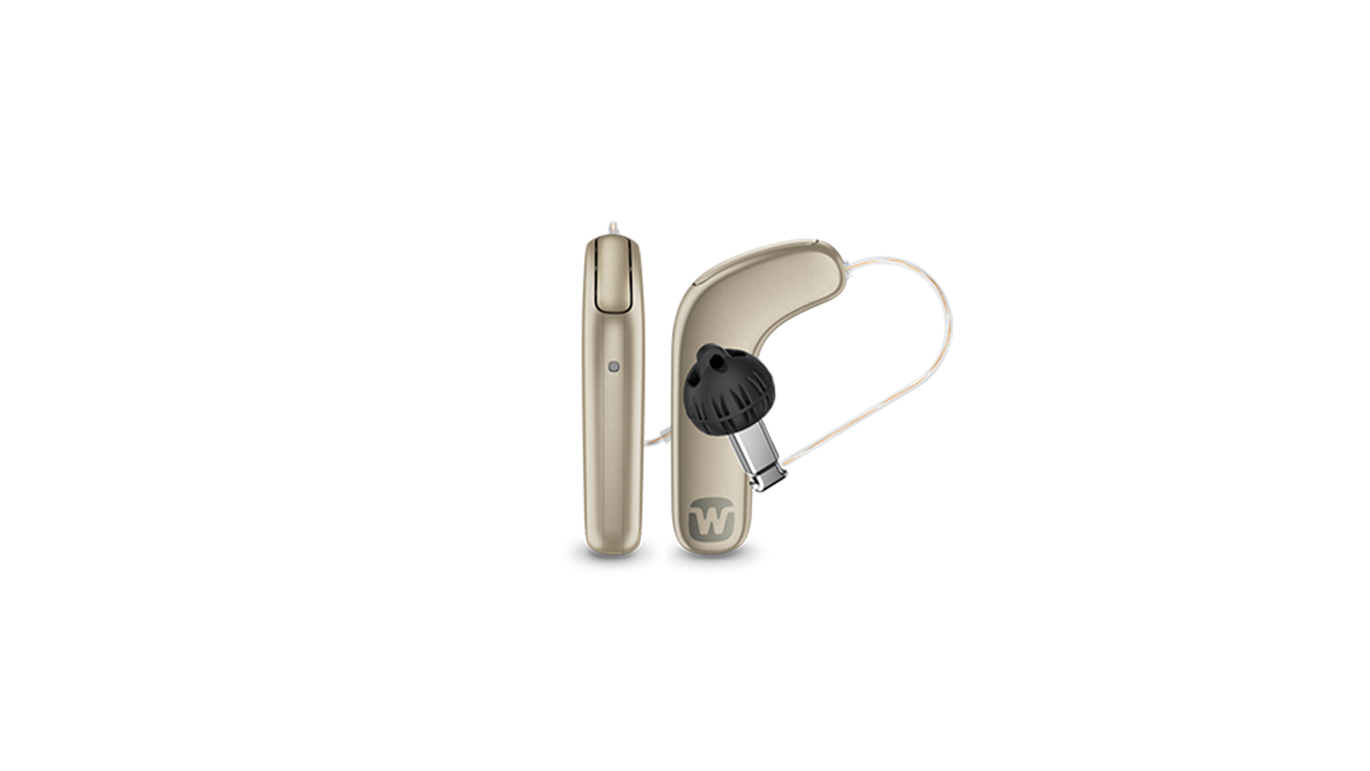 Widex SmartRIC hearing aids honey blonde being nearly invisible when worn behind the ear.