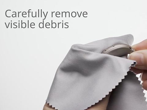 Tutorial showing a step-by-step guide on how to properly clean behind-the-ear (BTE) and receiver-in-canal (RIC) hearing aids.