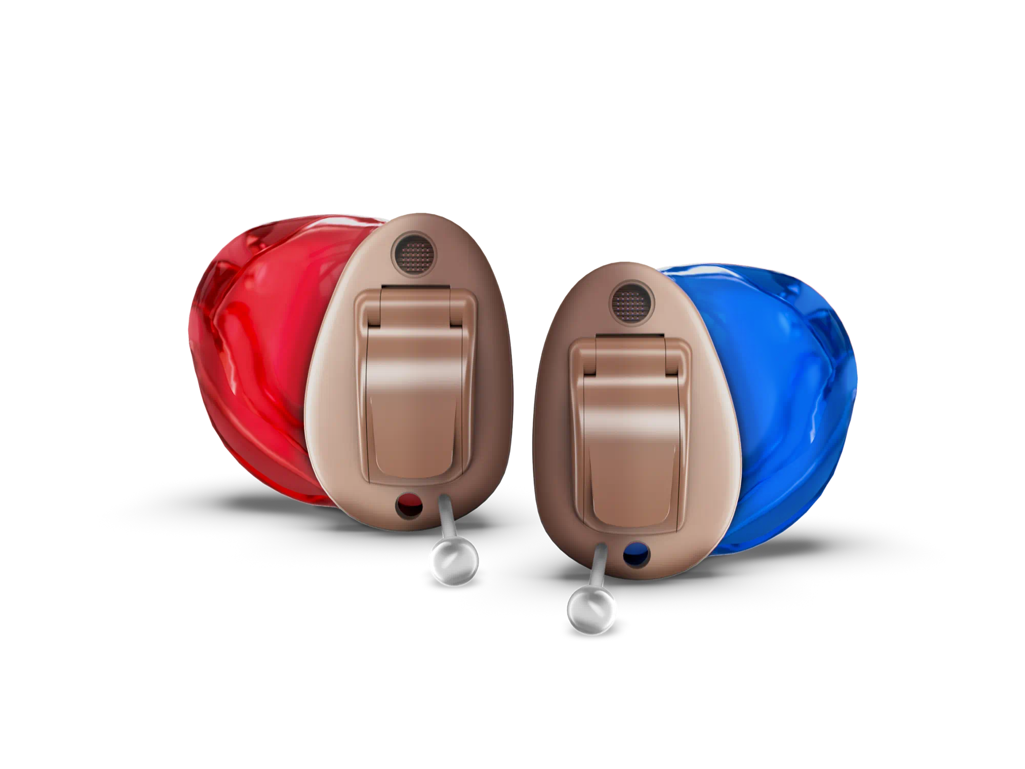 Pair of in-the-ear hearing-aids for hearing-loss, featuring red and blue casings with beige faceplates and easy removal tabs.
