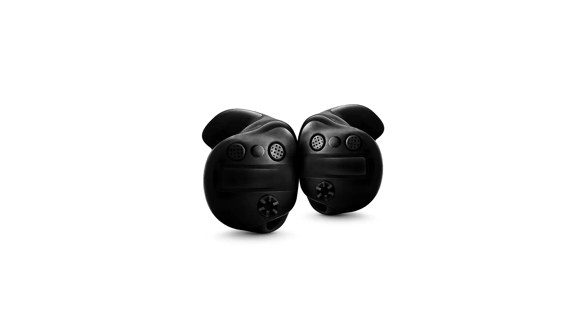 Pair of in-the-ear hearing-aids for hearing-loss, featuring black faceplates and easy removal tabs.