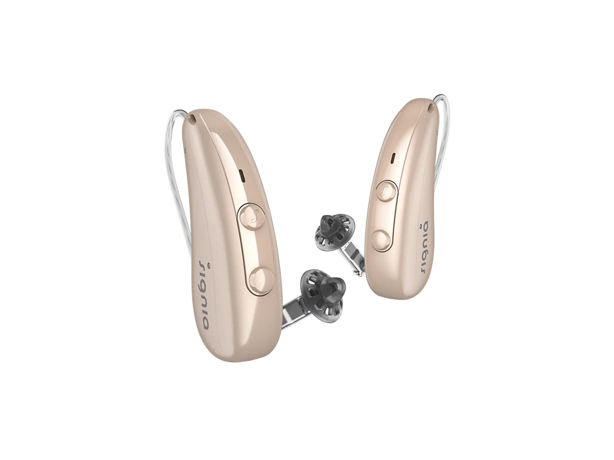 Two Signia hearing-aids designed for people with hearing-loss, featuring sleek design and LED indicators for easy use.