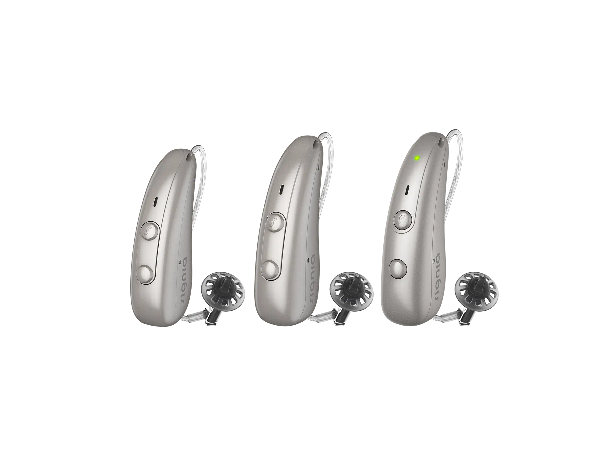 Three Signia hearing-aids designed for people with hearing-loss, featuring sleek design and LED indicators for easy use.