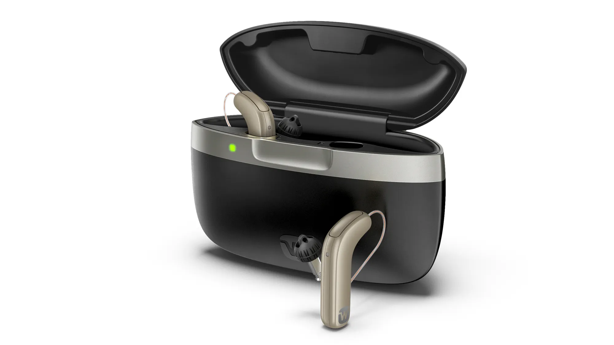 Widex SmartRich charger showing hearing aids being charged in case.