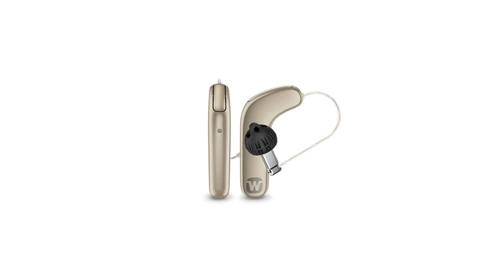 Widex SmartRIC hearing aids honey blonde being nearly invisible when worn behind the ear.