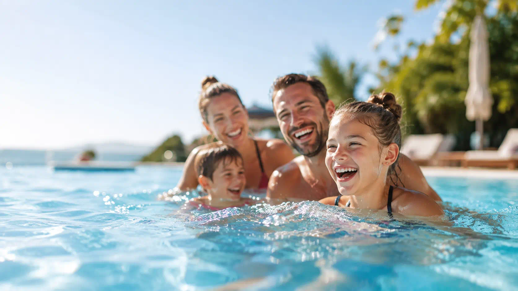 Férias em família na piscina, com proteção auditiva