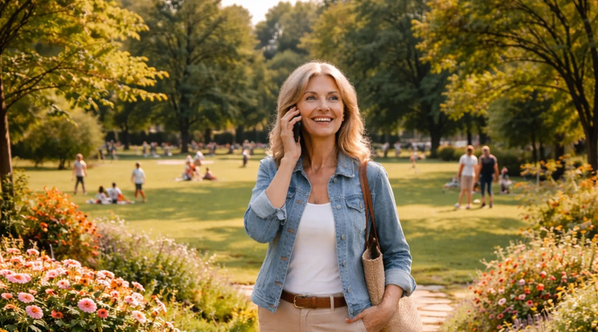 Mulher a falar ao telefone em jardim