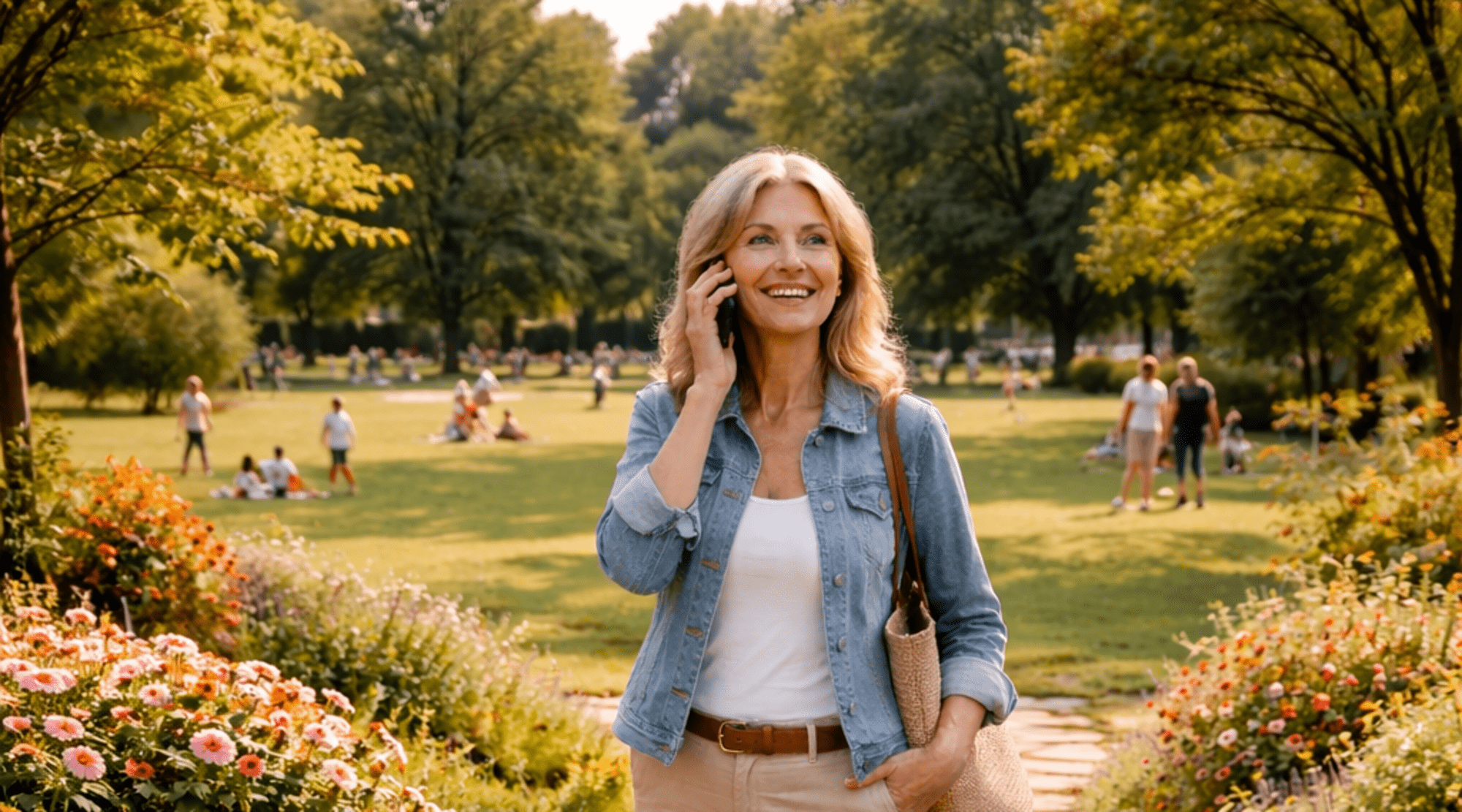 Mulher a falar ao telefone em jardim