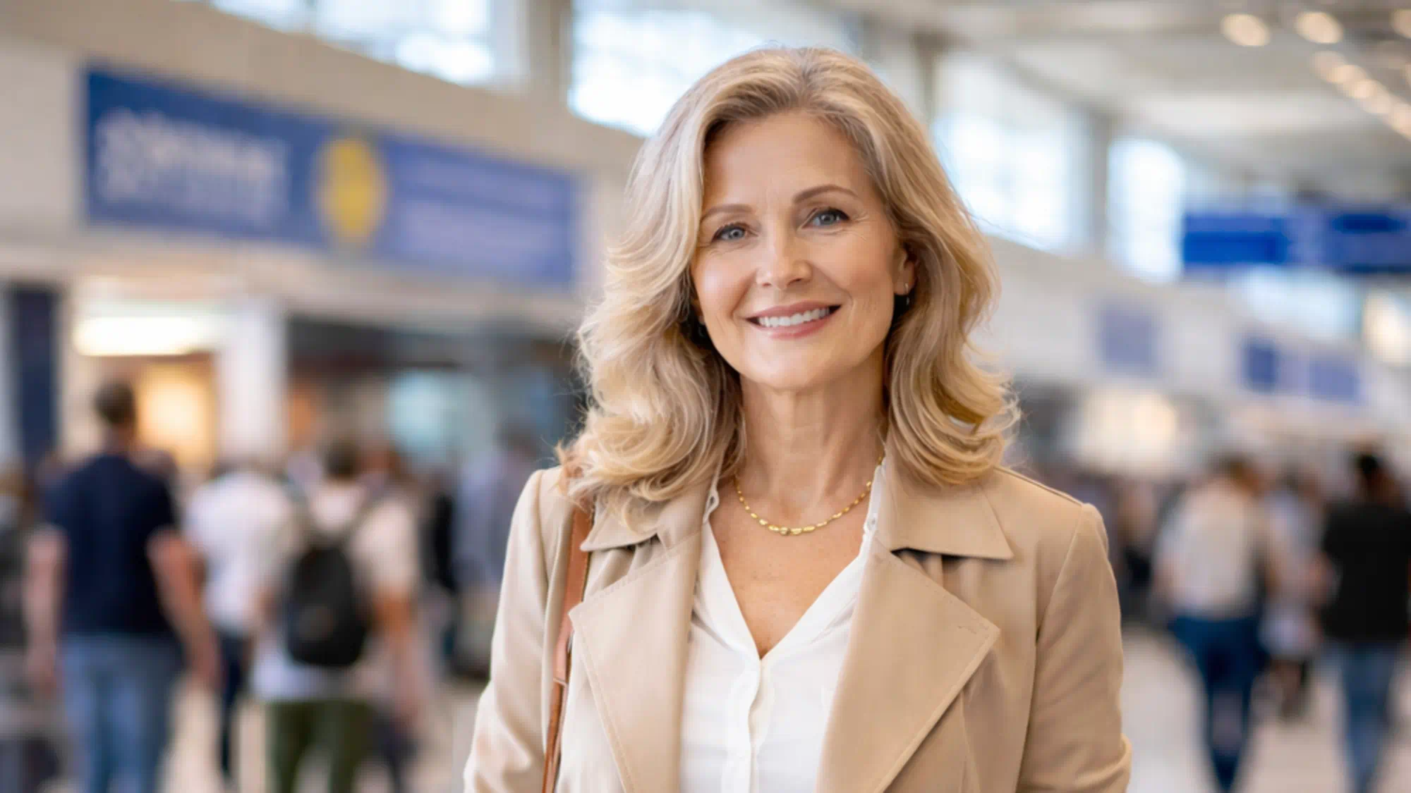 Mulher em aeroporto, prestes a viajar