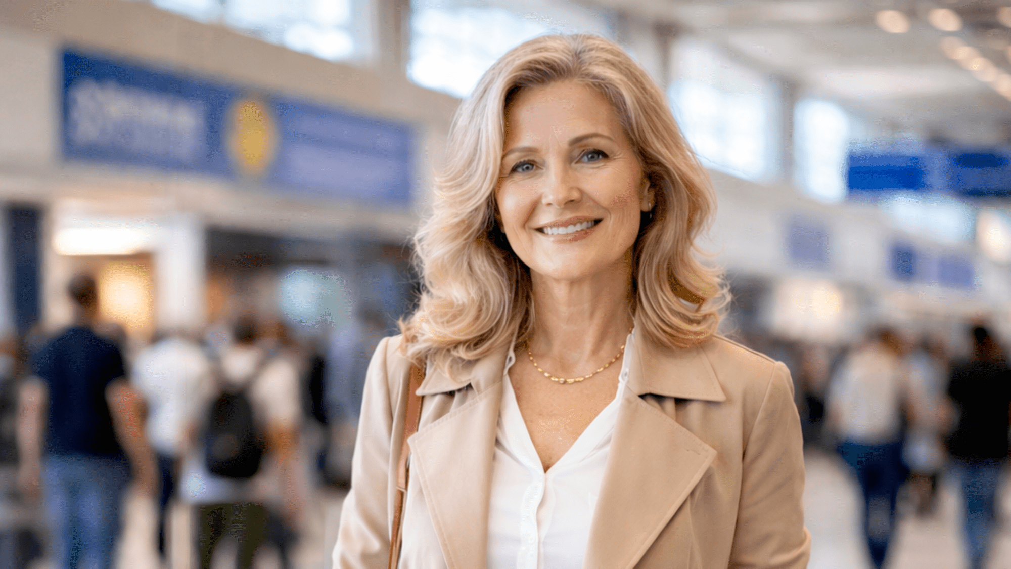 Mulher em aeroporto, prestes a viajar