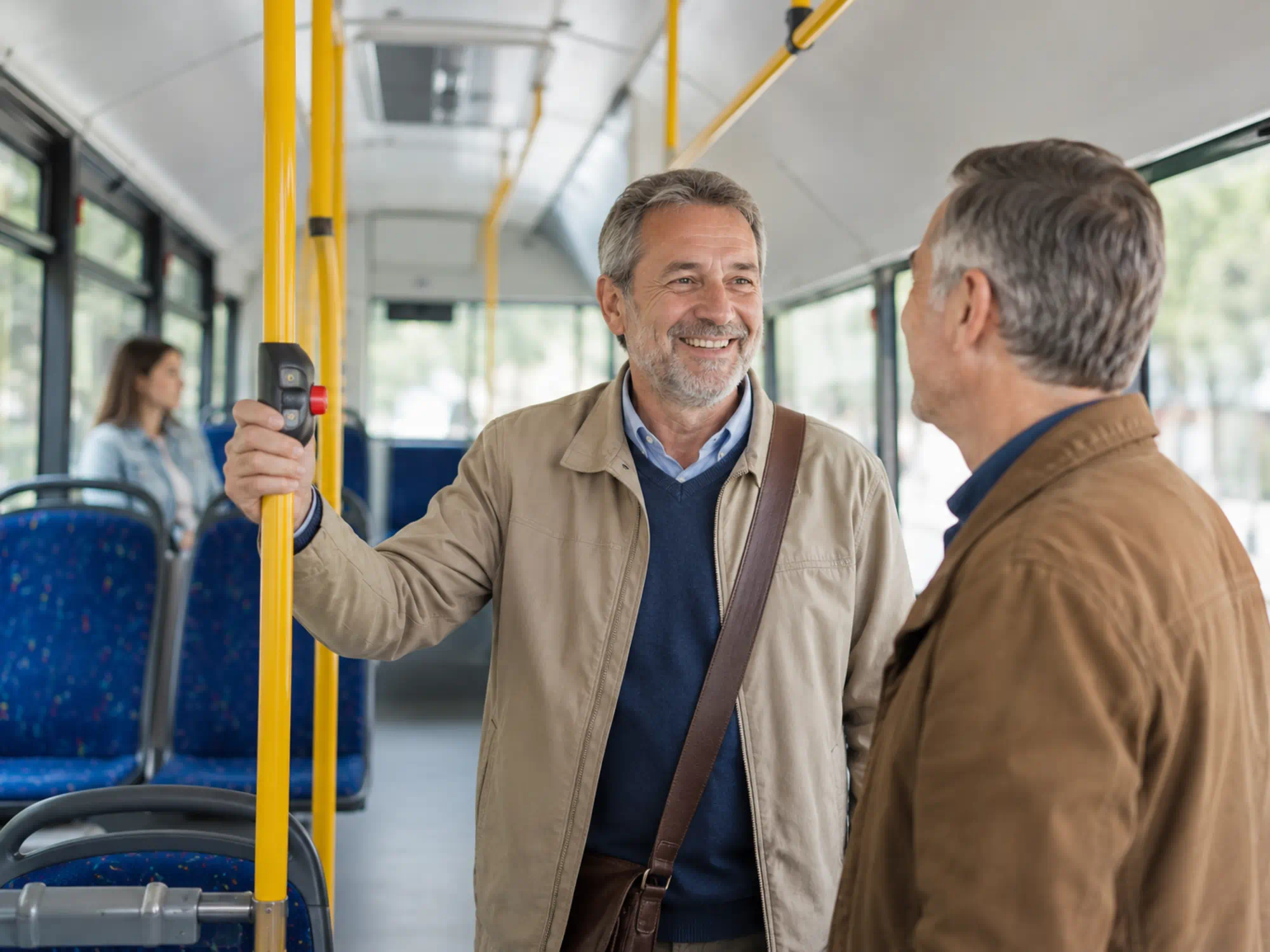 Homens a conversar em transporte público