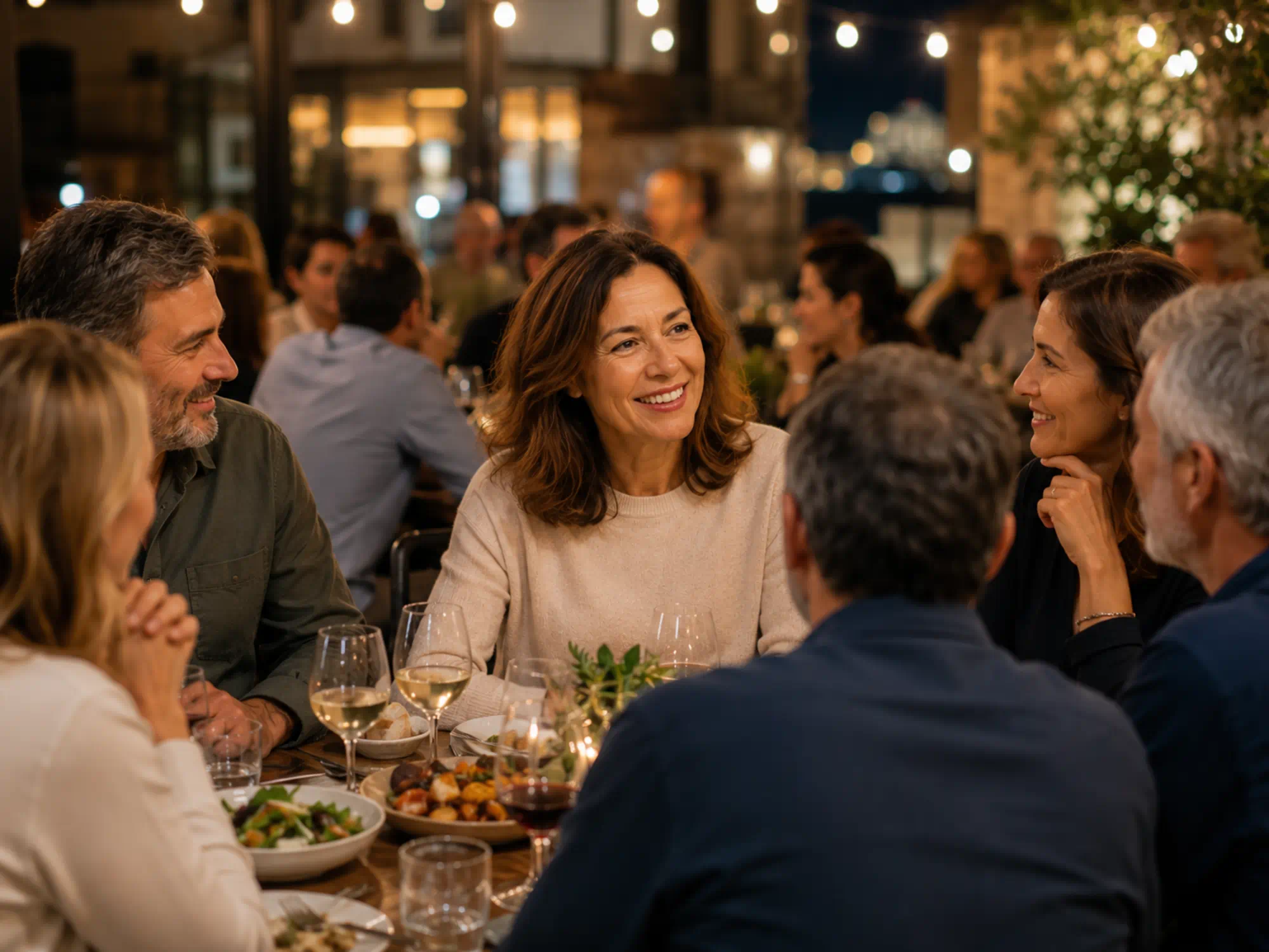 Mulher a jantar com grupo de amigos