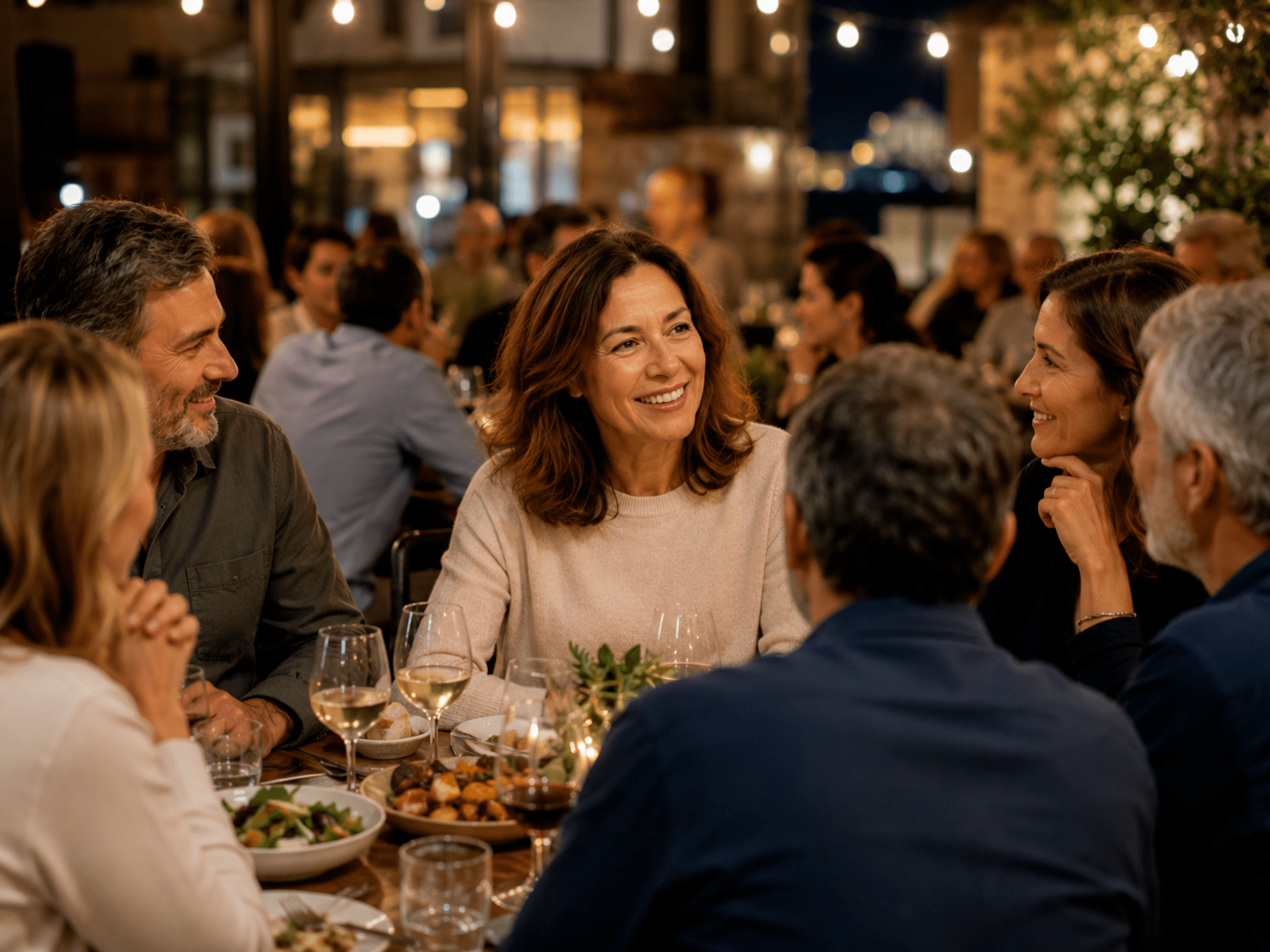Mulher a jantar com grupo de amigos
