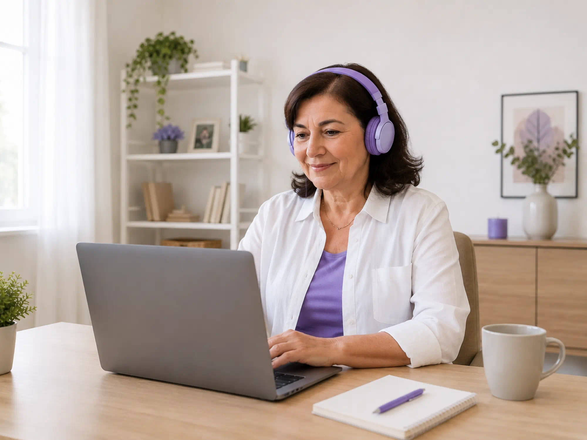 Mulher a fazer teste auditivo online gratuito