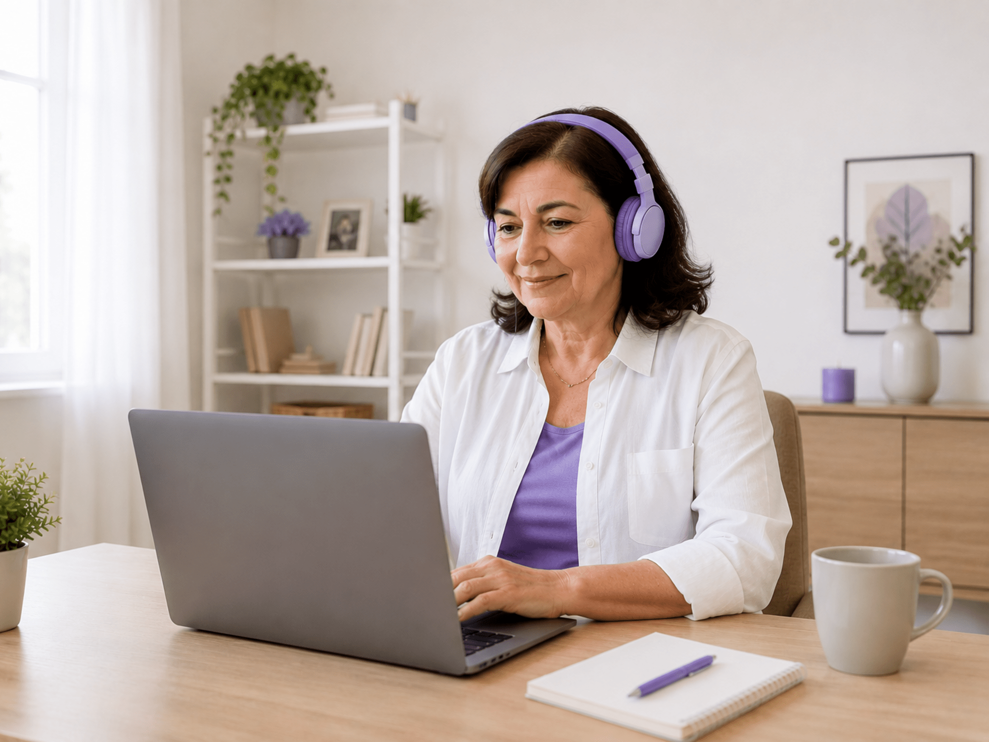 Mulher a fazer teste auditivo online gratuito