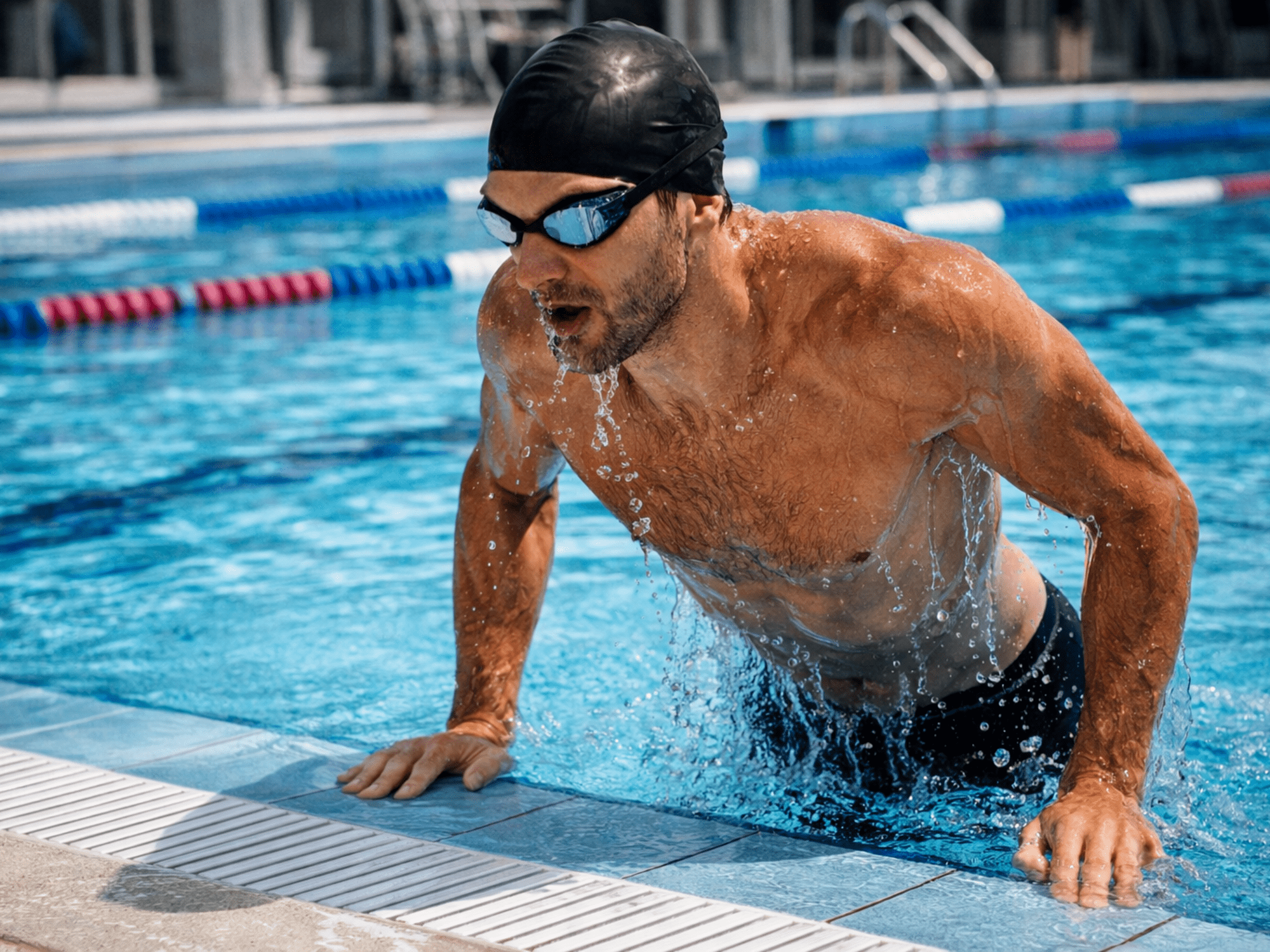 homem a sair da piscina 