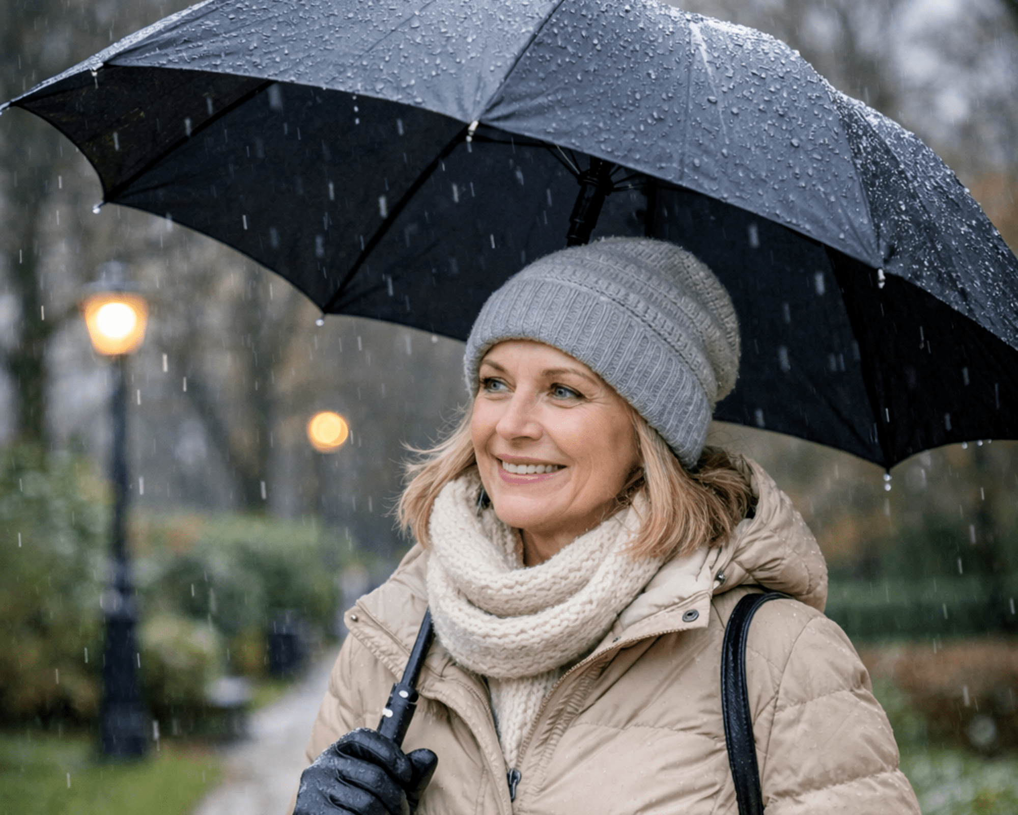 Mulher com guarda chuva, num jardim, no inverno